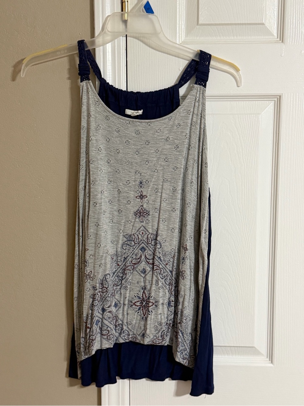 Maurices Gray Heather Tank with Navy Layered Hem and Print